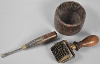 An Early Hand Carved Wooden Bowl Containing Hamilton Mint Chopper and a Hamlet Craft Tool