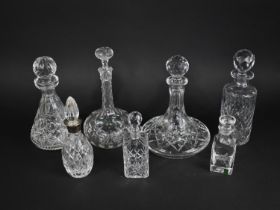 A Collection of Cut Glass Decanters to Comprise Ships Decanter, Globe and Stalk Decanter, Silvered