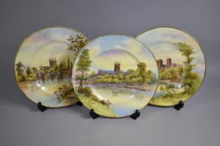 A Set of Three Royal Worcester Hand Painted Plates to Comprise Durham Cathedral Signed S. Wilson,