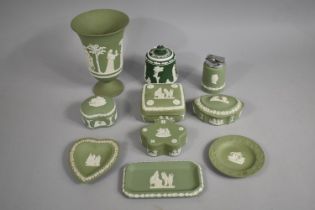 A Collection of Various Green Jasperware to Comprise Wedgwood Vase, 19cm high, Lidded Boxes,