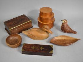 A Collection of Modern Treen Boxes and a Reproduction Carved Decoy Duck