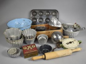 A Collection of Various Vintage Kitchenalia to Comprise Enamel Colander, Juicer, Moulds, Baking