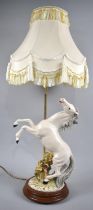 A Modern Capodimonte Table Lamp in the Form of Rearing Stallion, Complete with Shade, 75cms High