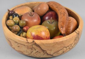 A Turned Wooden Bowl Containing Carved and Coloured Wooden Fruit, 30cms Diameter