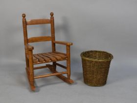 A Mid/Late 20th Century Children's Ladder Back Rocking Chair together with a Wicker Waste Bin