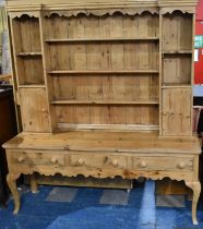 A Pine Kitchen Dresser, Base with Three Drawers and Cabriole Supports, Raised Plate Rack with