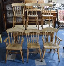 A Pine Rectangular Kitchen Table with Six Chairs to include Two Carvers