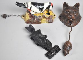 A Collection of Three Various Cold Painted Cast Metal Door Knockers, Cat with Mouse, Woodpecker