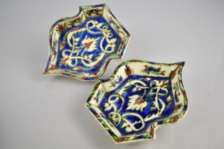 A Pair of Iznik Pottery Dishes of Arched Ogee Form Decorated in Usual Coloured Glazes, 12.5cm High