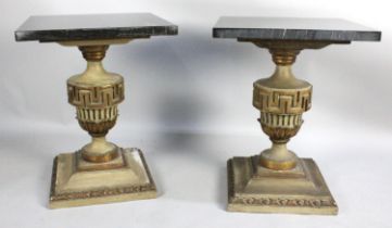 A Pair of Modern Wooden Vases Shaped Stands with Deep Greek Key Decoration and Polished Stone