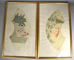 A Pair of Framed Chinese Erotic Panels in the Shape of Fans Having Explicit Scenes of Couples