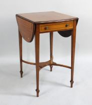 A Reproduction Drop Leaf Oval Topped Work Table with Inlaid Border, Single Drawer Matched by