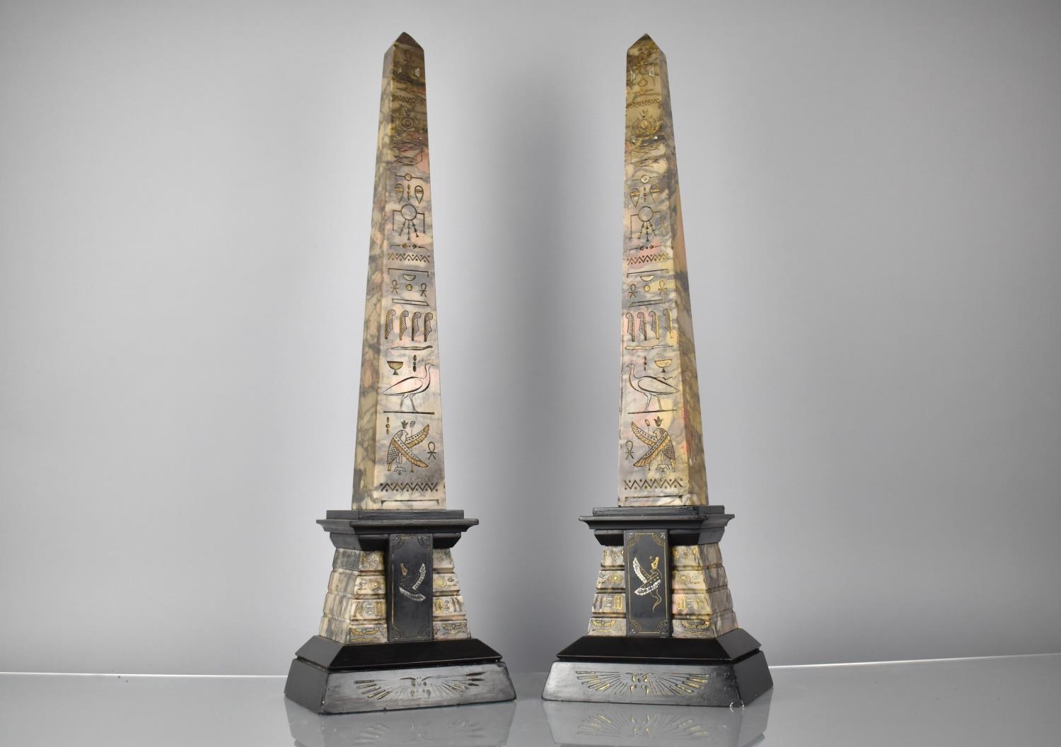 A Pair of 19th Century Egyptian Revival Green and Black Marble Obelisks decorated with