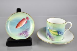 A Hand Painted Royal Worcester Coffee Can and Saucer, 'Blue Head', by A Badham together with a Dish,