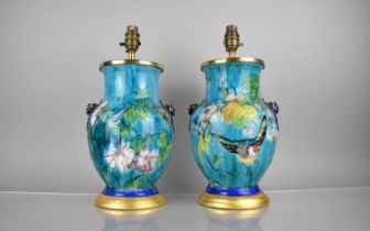 A Pair of French Majolica Lamps of Baluster Form Decorated with Flowers, Birds and Butterflies on