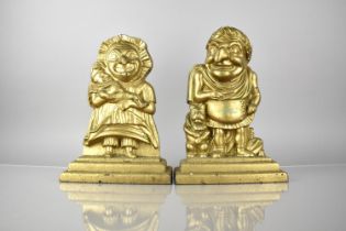 A Pair of Large Late Victorian Gilt Sprayed Cast Iron Door Stops, Punch and Judy, 31cm High