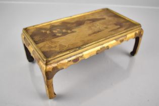 A Small Japanese Gilt Lacquered Table or Stand Decorated with Birds Flying Over Lakeside Pagoda with