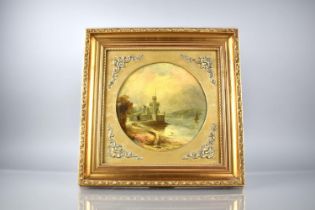 A Gilt Framed 19th Century Oil on Card, Blackrock Castle On The River Lee, Cork 20.5cm Diameter