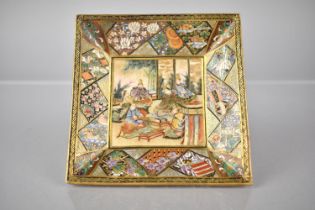 A Meiji Period Japanese Satsuma Dish of Square Form Finely Decorated with Central Scene of Seated