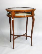 A Reproduction Oval Bijouterie Table in Mahogany with String Inlay and Crossbanded Top, Cabriole
