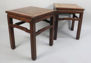 A Pair of Early 20th Century Chinese Hardwood Low Tables/Stools on Stretcher Square Supports,