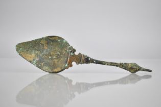 A Roman Type Painted Bronze Spoon with Pap Bowl to Ornate Scrolled Mount and Zoomorphic Finial, 18cm