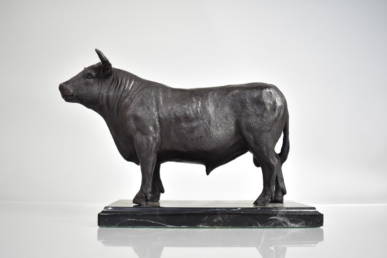 A Modern Bronze Study of a Continental Bull on Rectangular Marble Plinth Base, 21cm Long