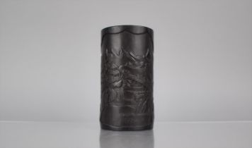 A 19th/20th Century Carved Hardwood Brush Pot Decorated with River Village Scene, Cartouche and