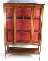 An Edwardian Inlaid Mahogany Breakfront Glazed Display Cabinet with Stretcher Shelf and Satin