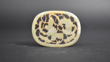 A Carved and Pierced Jade Oval Plaque Featuring Bat and Butterfly on Fitted Wooden Base, Plaque 6.