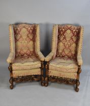 A Walnut Framed High Backed and Winged Three Piece Suite with Carved Supports and Rails and Scrolled
