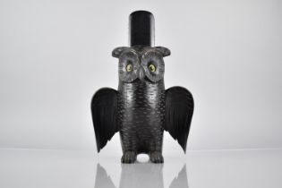 A Large Novelty Carved Black Forest Wooden Brush Holder in the Form of Long Eared Owl with Wings