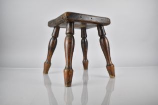 A 19th Century Rustic Square Topped Stool on Four Turned Supports with Spade Feet, 20x20x25cm High