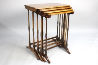 A 20th Century Mahogany Nest of Four Tables with Turned Supports and String Inlay to All Tops, 56cms