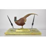 An Early 20th Century Desk Top Pen Set having Large Cold Painted Bronze Cock Pheasant Mounted on