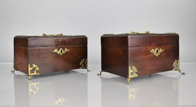 A Pair of 19th Century Mahogany Tea Caddy Boxes with Scrolled Brass Mounts, Top Carry Handles and