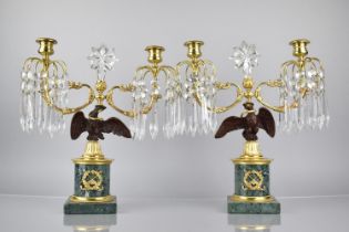 A Pair of french Gilt Metal, Bronze and Marble Two Branch Candelabra Garnitures, the Supports in the