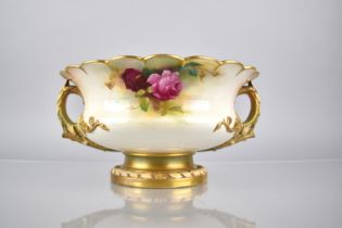 A Royal Worcester Twin Handled Footed Bowl (Shaped 2344) with Hand Painted Rose Decoration Signed