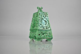 A Chinese Green Glazed Porcelain Lantern of Five Panelled Form having Pierced Dragon Motif with Bird