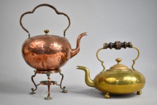 A Brass Squat Kettle on Three Bun Feet together with a Copper Spirit Kettle (Missing Burner)