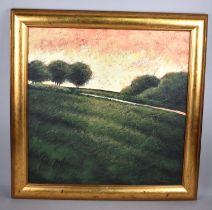 A Gilt Framed Oil on Canvas, Hilltop with Trees in Golden Hour, Signed, Subject 54cm Square