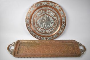 A Cairoware Mixed Metal Charger, 39cms Diameter together with a Yellow Two Handled Tray with Islamic