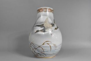 A Hand Painted Japanese Vase, the Body Decorated with Ducks in Flight and in Water with Reeds and