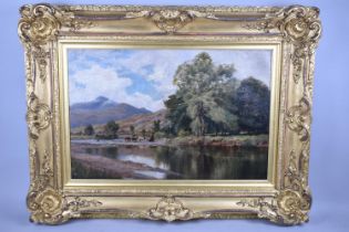 A Large Gilt Framed Oil on Canvas Depicting Cattle Drinking in Scottish River, Signed Bottom Left