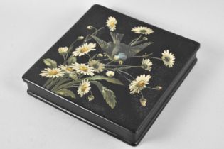 A Late 19th/Early 20th Century Lacquered Papier Mache Box Decorated with Birds, 19cms Square