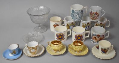 A Collection of Commemorative Mugs Including Victoria, Moulded Glass Victorian Tazza, Souvenir