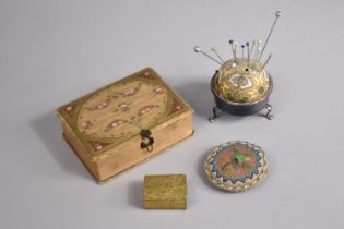 An Edwardian Silver Plated Circular Pin Cushion with Hat Pins together with a Handbag Magnifying