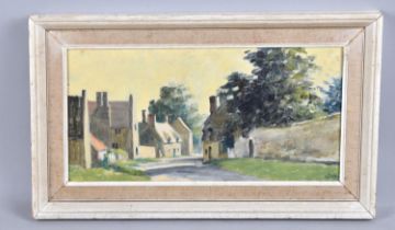 A Framed Oil on Board Depicting Village Street Signed D J Allen, 37x18cm