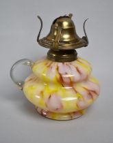 A Victorian Coloured Glass Bedchamber Oil Lamp, No Chimney