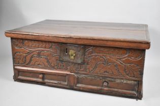 An Early Oak Bible Box with Carved Front Panel over Single Long Drawer. Hinged Lid, 52cm Wide by